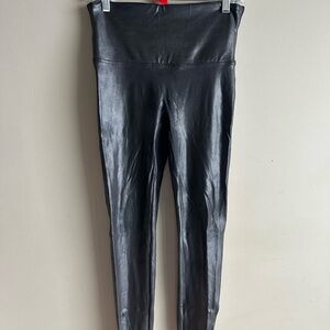 SPANX Black Faux Leather-Look Leggings with Red Brand Tag
